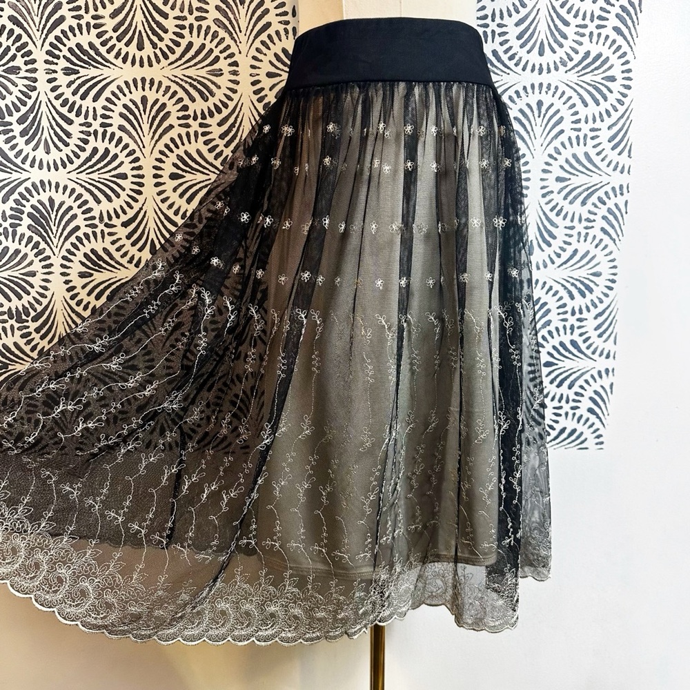 New York & Company Embroidered Lace Overlay Whimsy Skirt